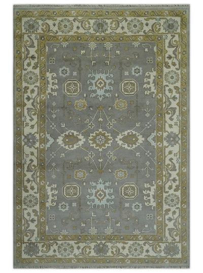 Gray, Ivory and Olive 6x9 Hand Knotted Traditional Oushak wool area rug - The Rug Decor