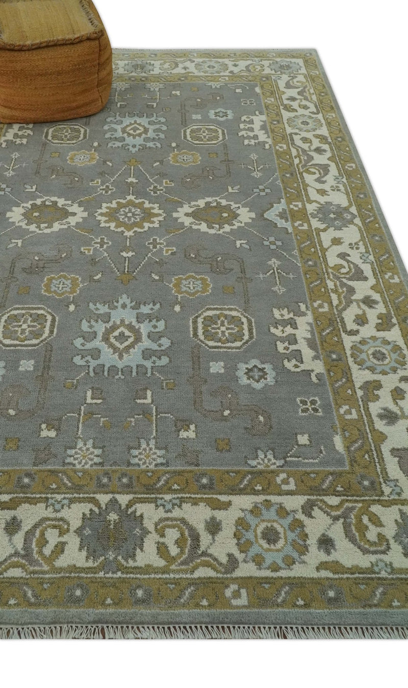 Gray, Ivory and Olive 6x9 Hand Knotted Traditional Oushak wool area rug - The Rug Decor