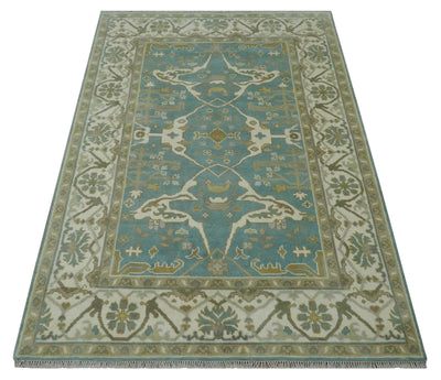 Gray, Ivory and Olive Hand Knotted Traditional Oriental Oushak 6x9 wool rug - The Rug Decor