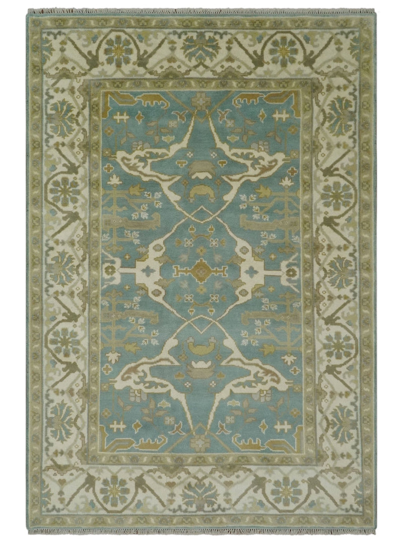 Gray, Ivory and Olive Hand Knotted Traditional Oriental Oushak 6x9 wool rug - The Rug Decor