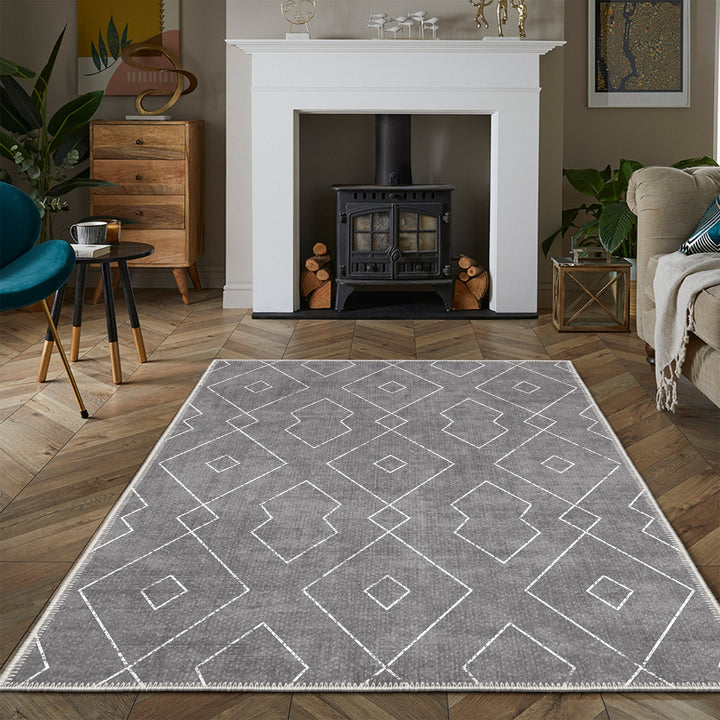 Gray Modern Geometrical Machine Washable Cotton Area Rug - The Rug Decor