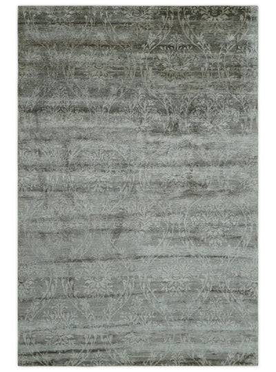 Gray, Silver and Charcoal Traditional ikat design 6x9 Hand knotted wool and Bamboo Silk area Rug - The Rug Decor