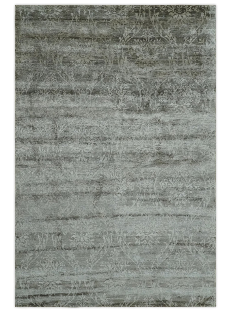 Gray, Silver and Charcoal Traditional ikat design 6x9 Hand knotted wool and Bamboo Silk area Rug - The Rug Decor