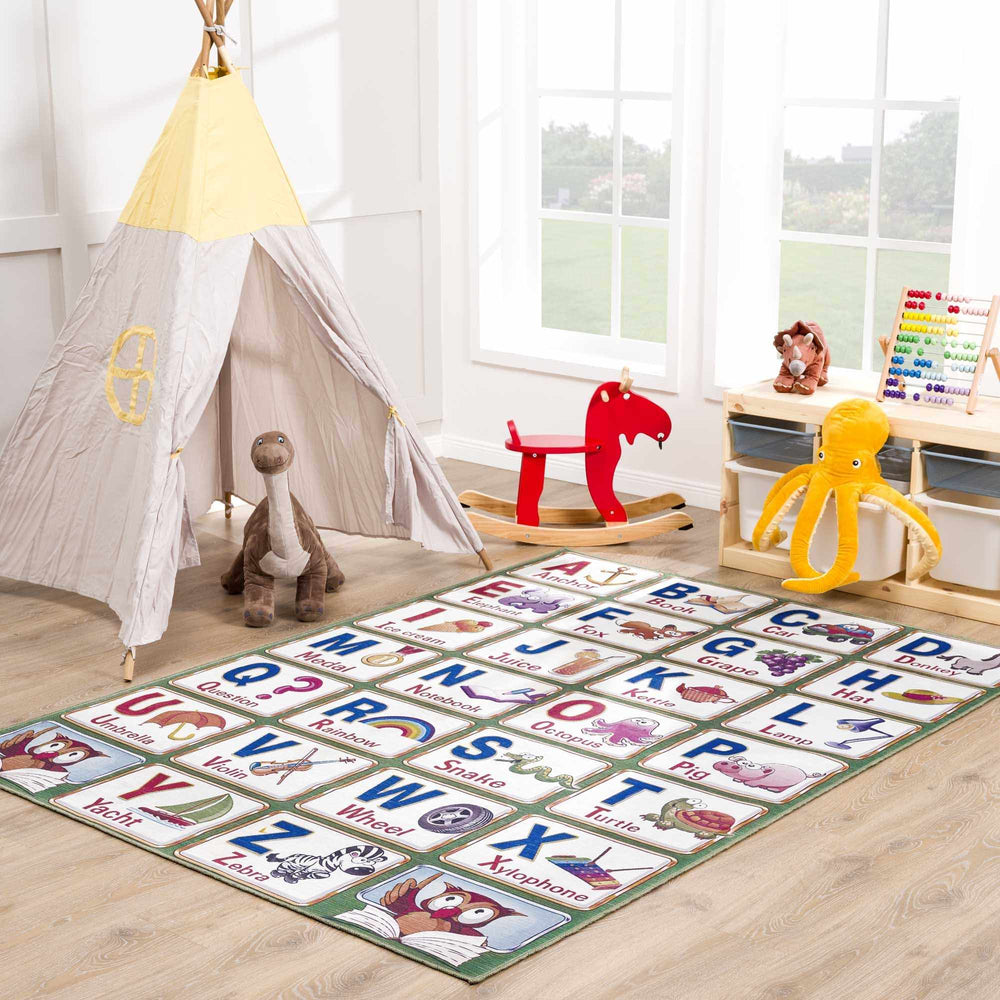 Green and Ivory Colorful Alphabets Washable Kids Rug, Perfect for kids room - The Rug Decor