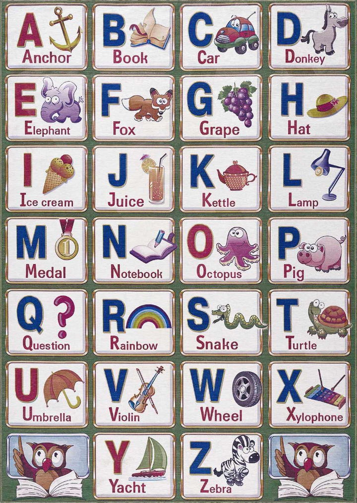 Green and Ivory Colorful Alphabets Washable Kids Rug, Perfect for kids room - The Rug Decor