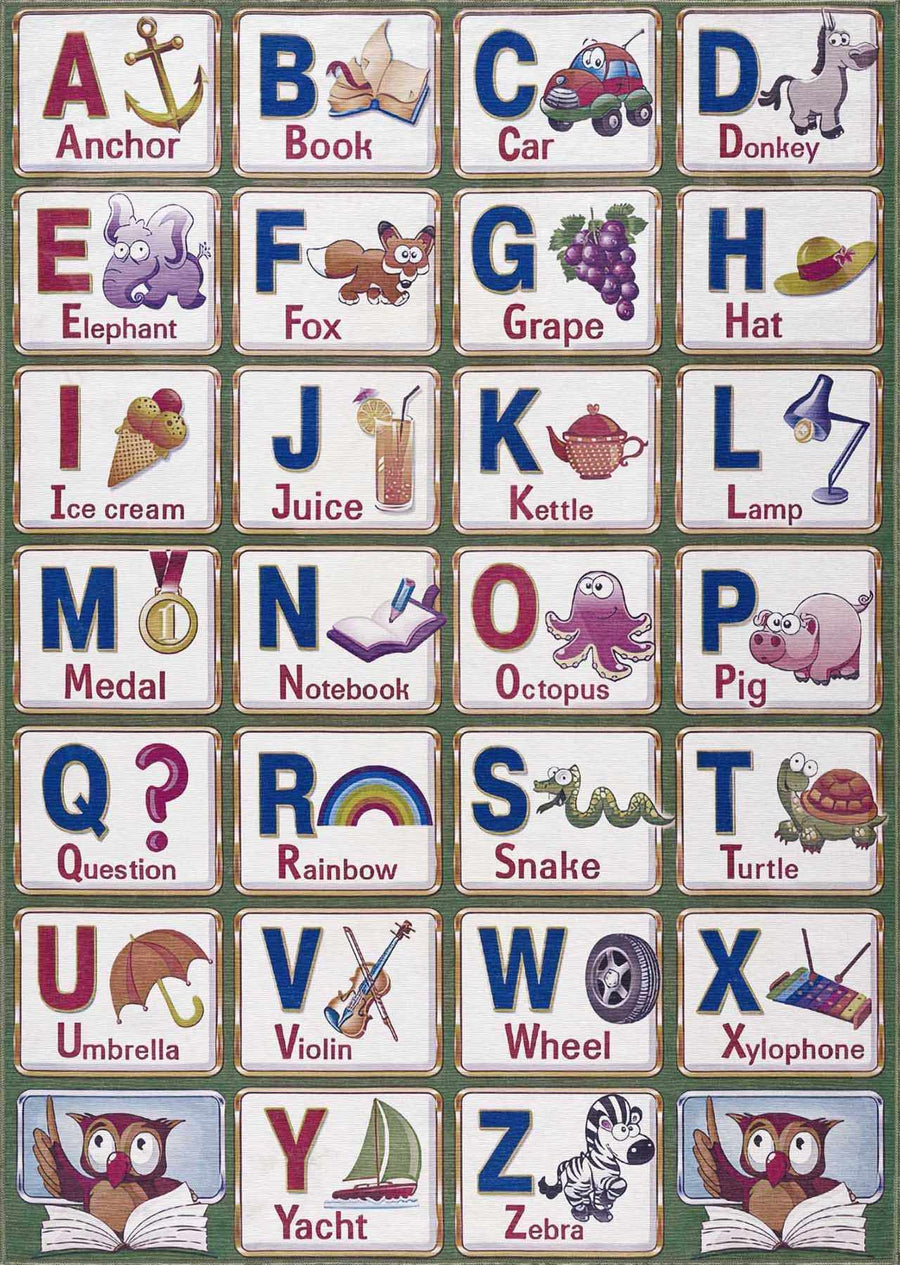 Green and Ivory Colorful Alphabets Washable Kids Rug, Perfect for kids room - The Rug Decor
