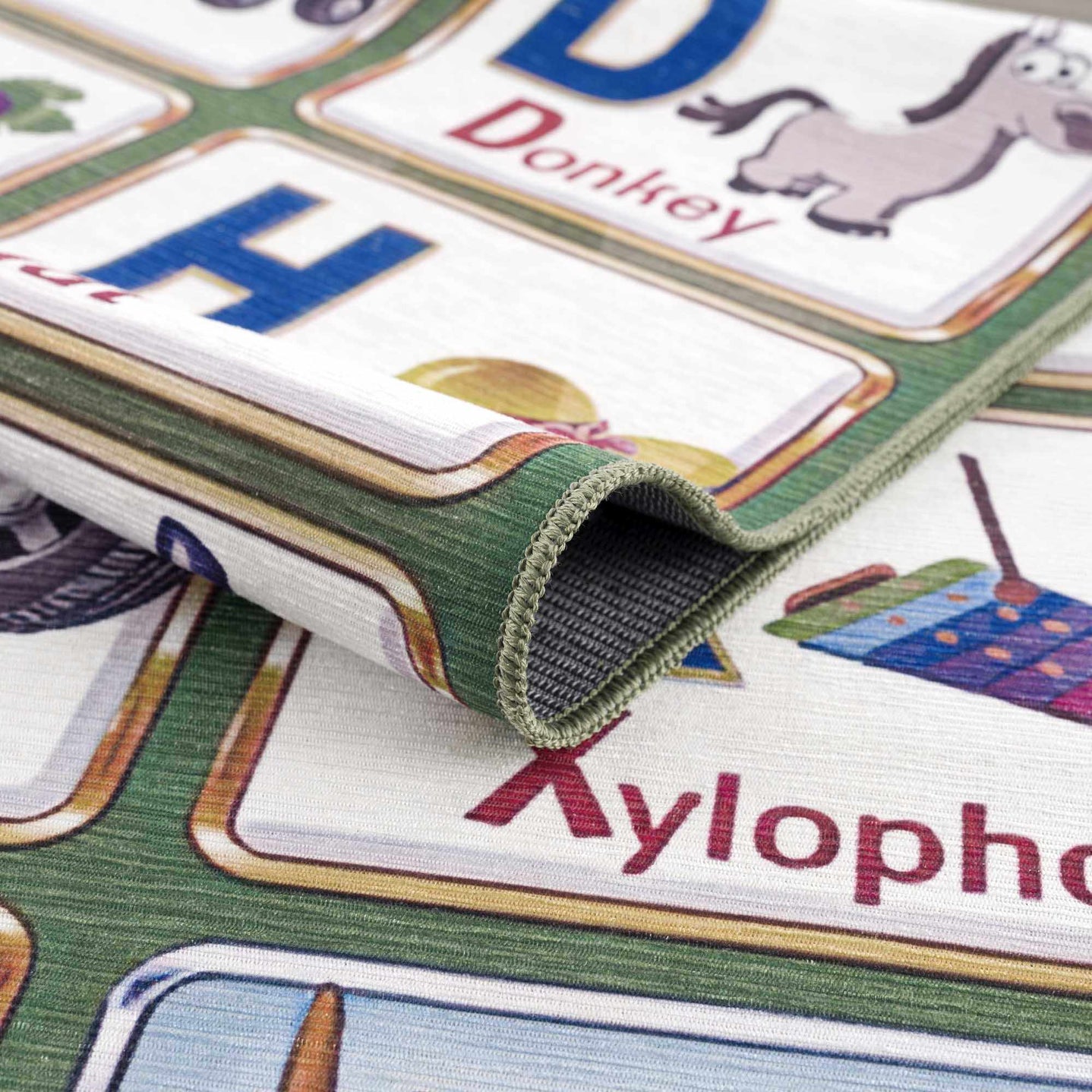 Green and Ivory Colorful Alphabets Washable Kids Rug, Perfect for kids room - The Rug Decor