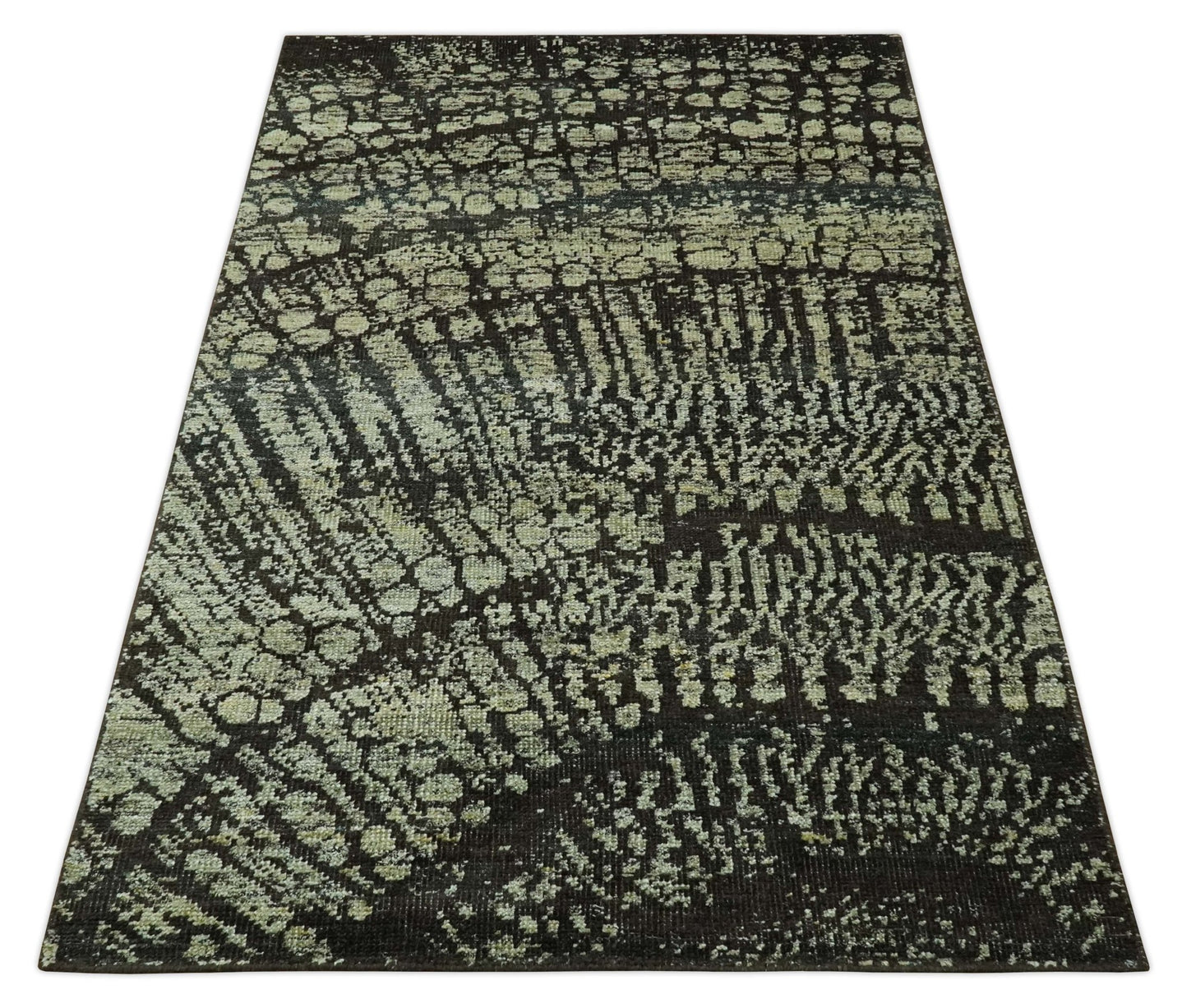 Green and Olive Modern Abstract 5x8 Hand knotted wool area Rug - The Rug Decor