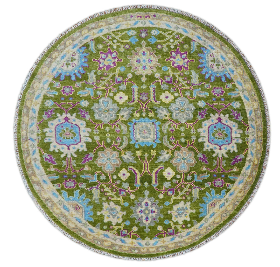 Green, Beige and Purple 8x8 Round Hand Knotted Oushak wool rug - The Rug Decor