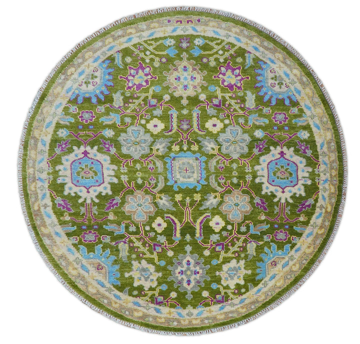 Green, Beige and Purple 8x8 Round Hand Knotted Oushak wool rug - The Rug Decor