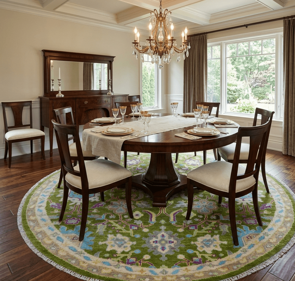 Green, Beige and Purple 8x8 Round Hand Knotted Oushak wool rug - The Rug Decor