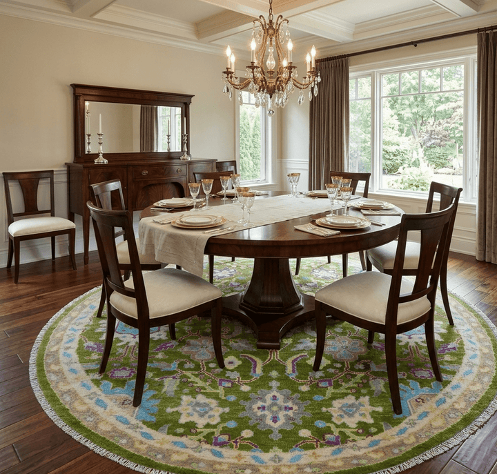 Green, Beige and Purple 8x8 Round Hand Knotted Oushak wool rug - The Rug Decor