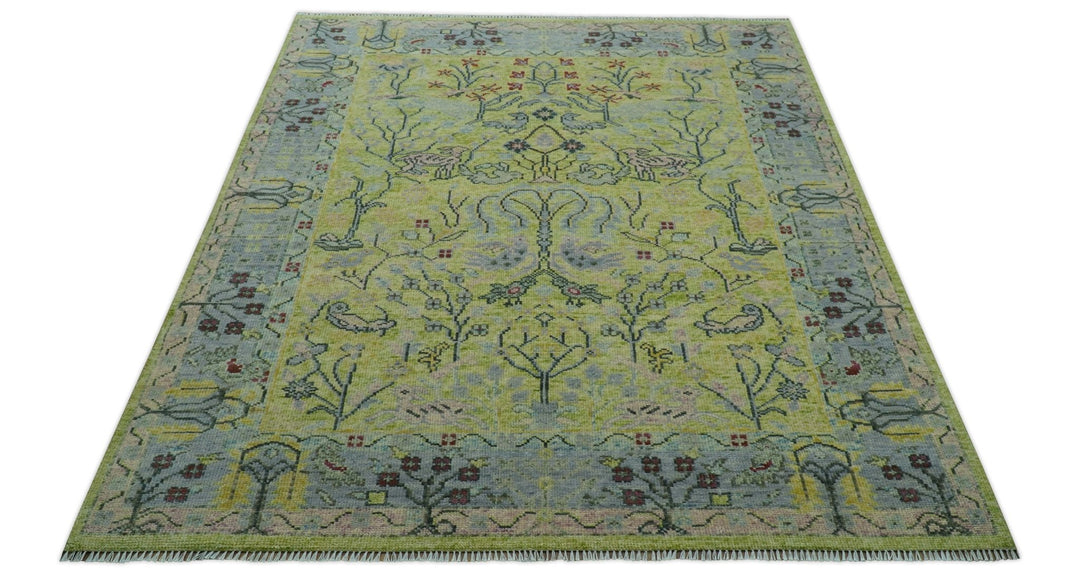 Green, Blue And Red Plant and Branches Hand Knotted Custom Made wool area rug - The Rug Decor