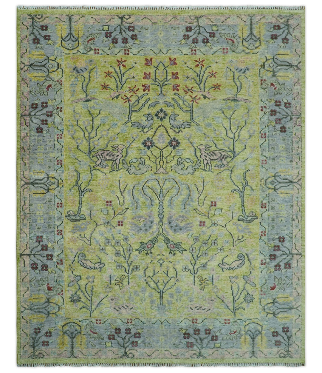 Green, Blue And Red Plant and Branches Hand Knotted Custom Made wool area rug - The Rug Decor