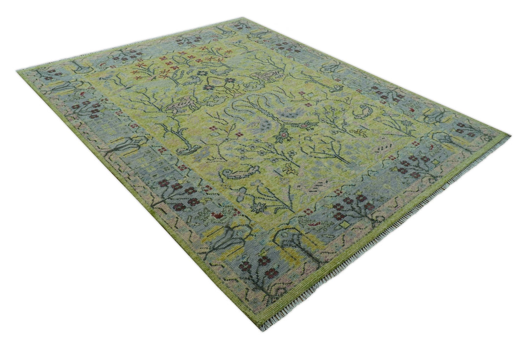Green, Blue And Red Plant and Branches Hand Knotted Custom Made wool area rug - The Rug Decor