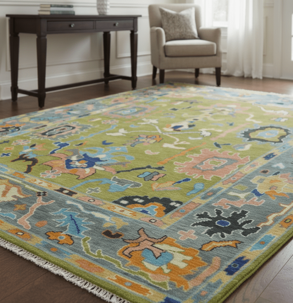 Green, Gray and Peach Vibrant Colorful Hand knotted Traditional Oushak 8x10 and 9x12 wool Area Rug - The Rug Decor