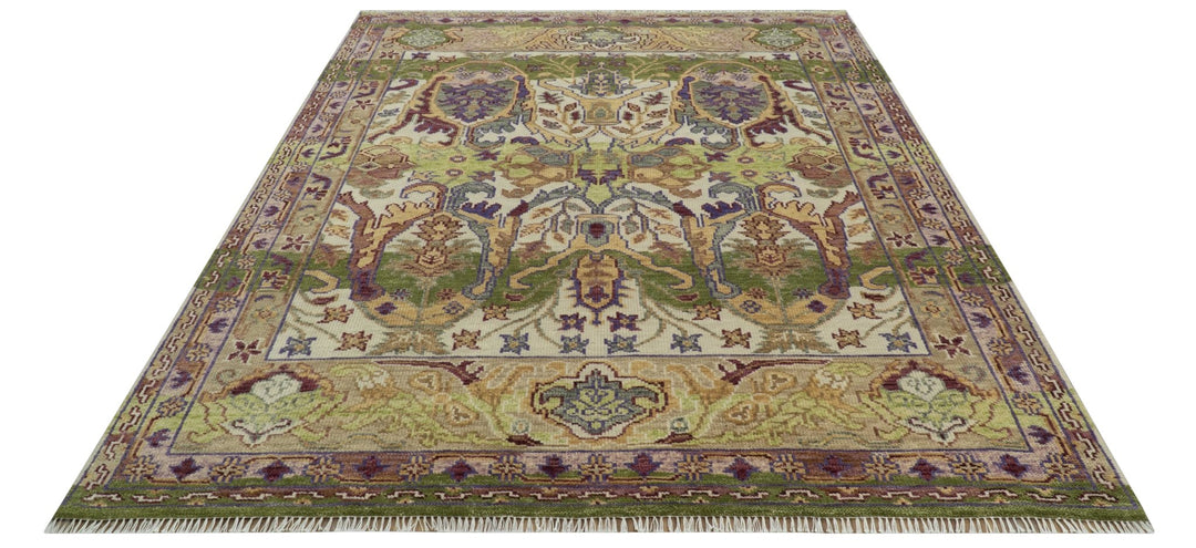 Green, Ivory And Gold Transition Hand Knotted Custom Made wool area rug - The Rug Decor