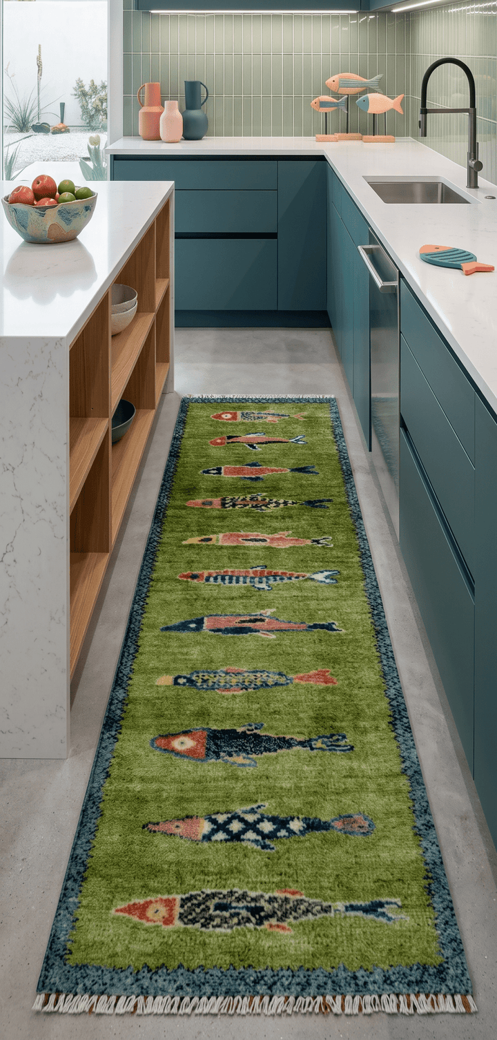 Green Koi Fish Runner Rug – Hand Knotted Wool Hallway and Stair Rug - The Rug Decor