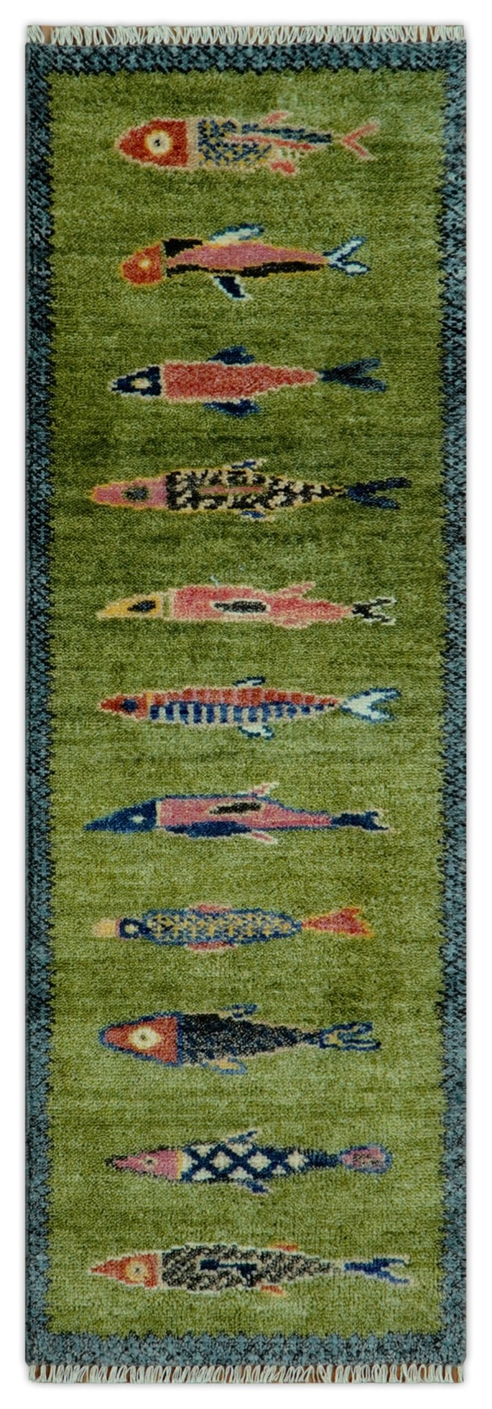 Green Koi Fish Runner Rug – Hand Knotted Wool Hallway and Stair Rug - The Rug Decor