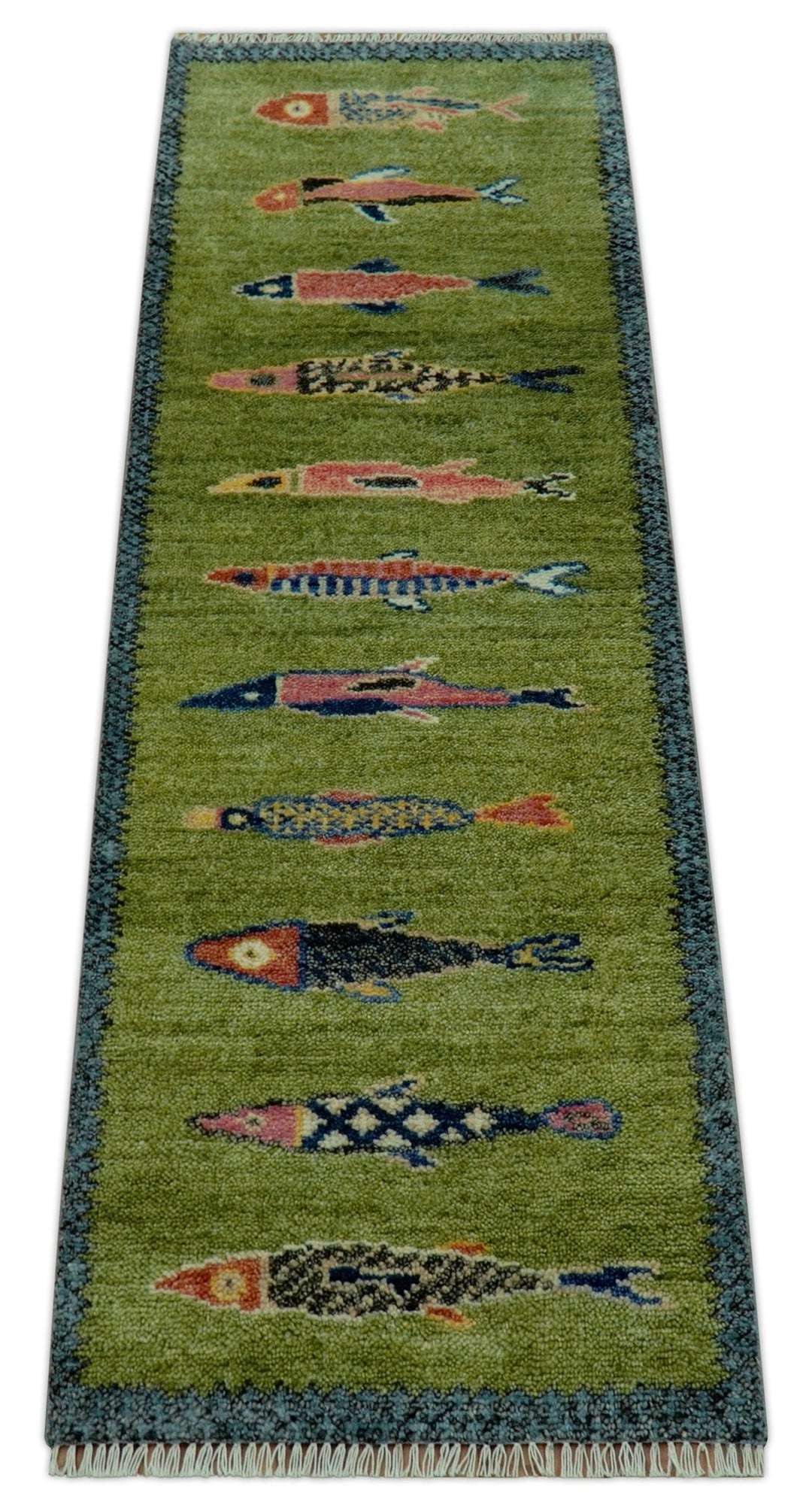 Green Koi Fish Runner Rug – Hand Knotted Wool Hallway and Stair Rug - The Rug Decor