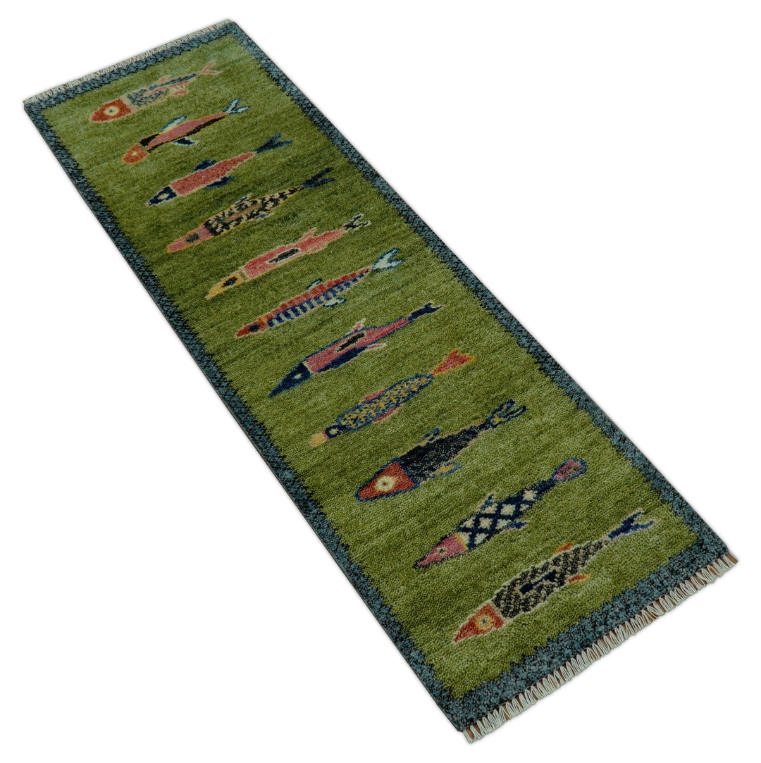 Green Koi Fish Runner Rug – Hand Knotted Wool Hallway and Stair Rug - The Rug Decor