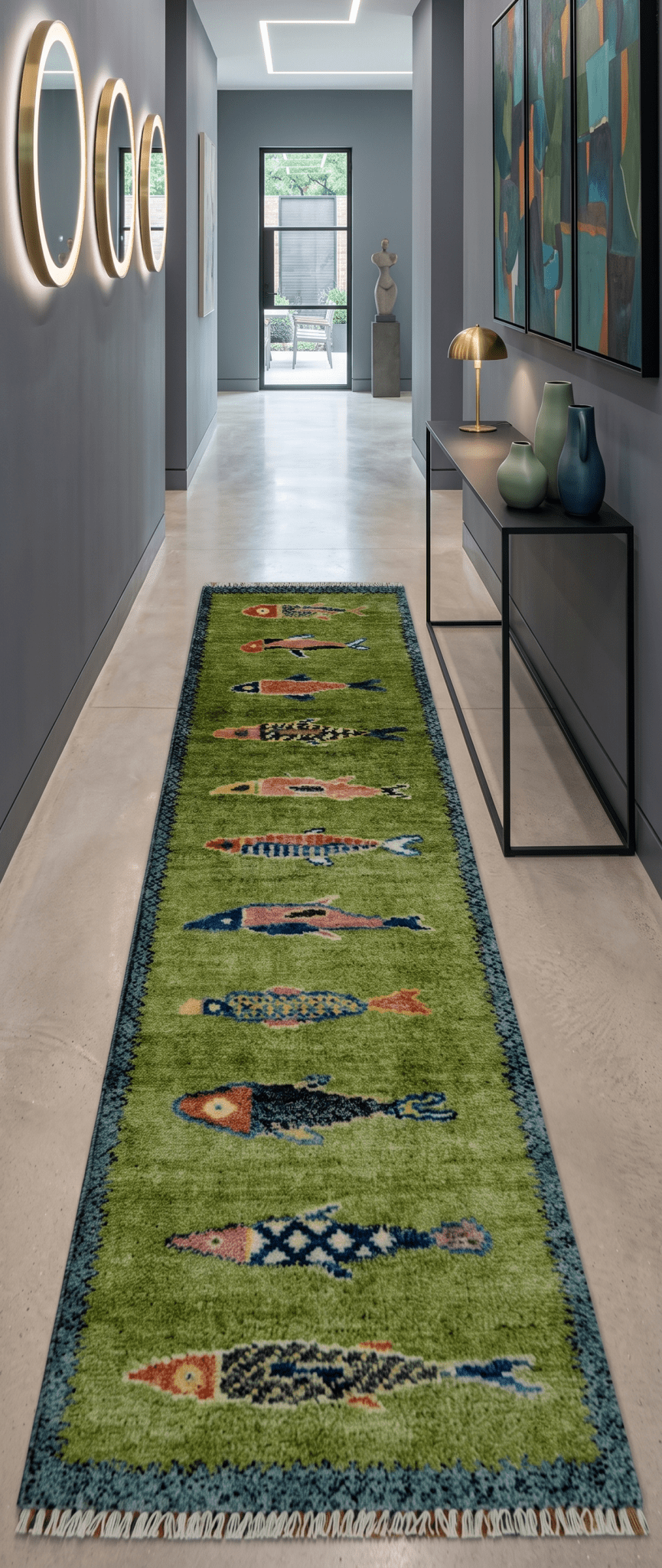 Green Koi Fish Runner Rug – Hand Knotted Wool Hallway and Stair Rug - The Rug Decor