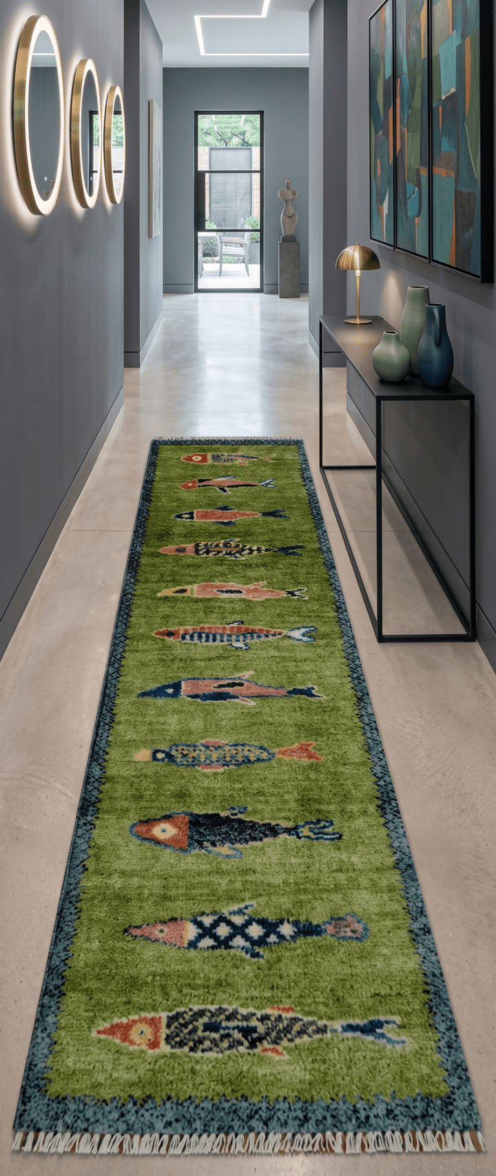 Green Koi Fish Runner Rug – Hand Knotted Wool Hallway and Stair Rug - The Rug Decor