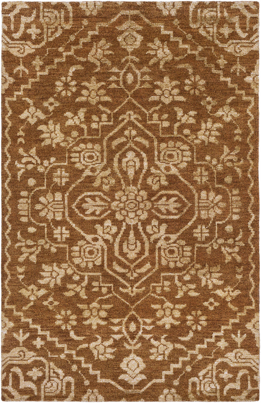 Brown traditional medallion hand-knotted wool area rug with cream geometric accents