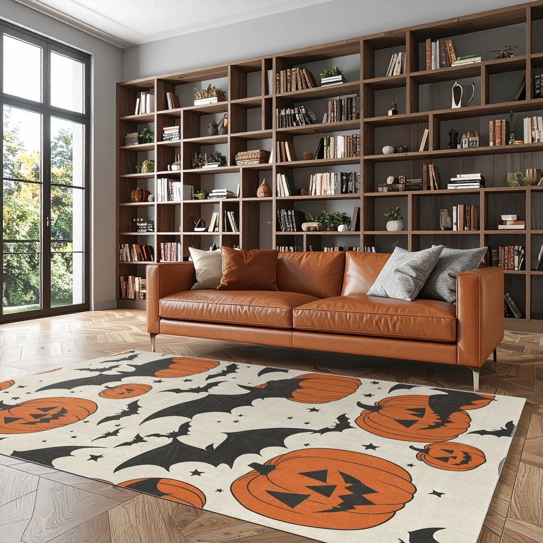 Halloween Pumpkin Rust And White Machine Washable Cotton Rug - The Rug Decor