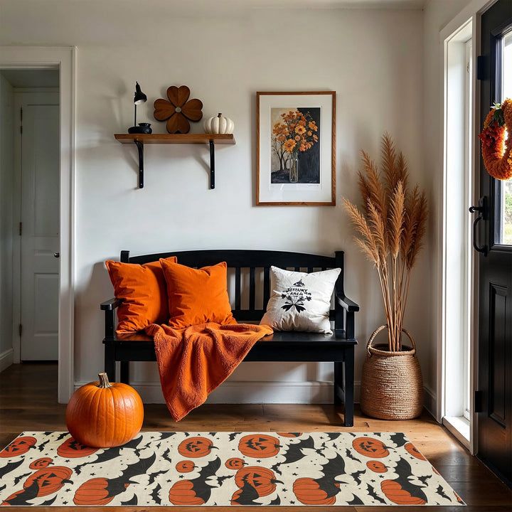 Halloween Pumpkin Rust And White Machine Washable Cotton Rug - The Rug Decor