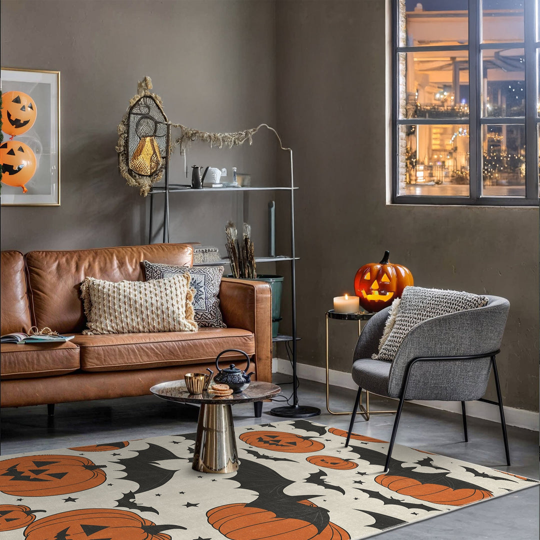 Halloween Pumpkin Rust And White Machine Washable Cotton Rug - The Rug Decor