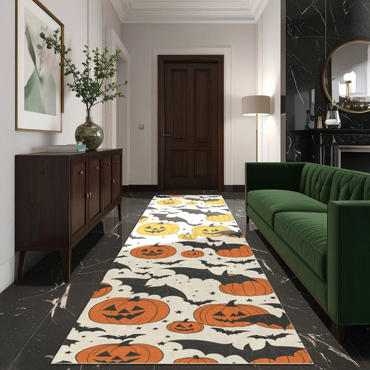 Halloween Pumpkin Rust And White Machine Washable Cotton Rug - The Rug Decor