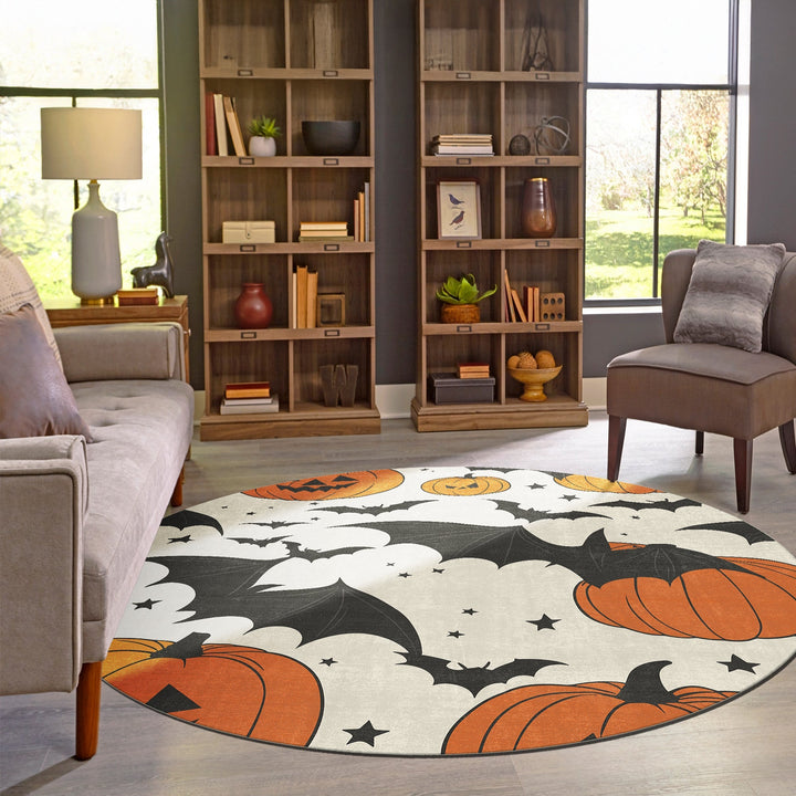 Halloween Pumpkin Rust And White Machine Washable Cotton Rug - The Rug Decor