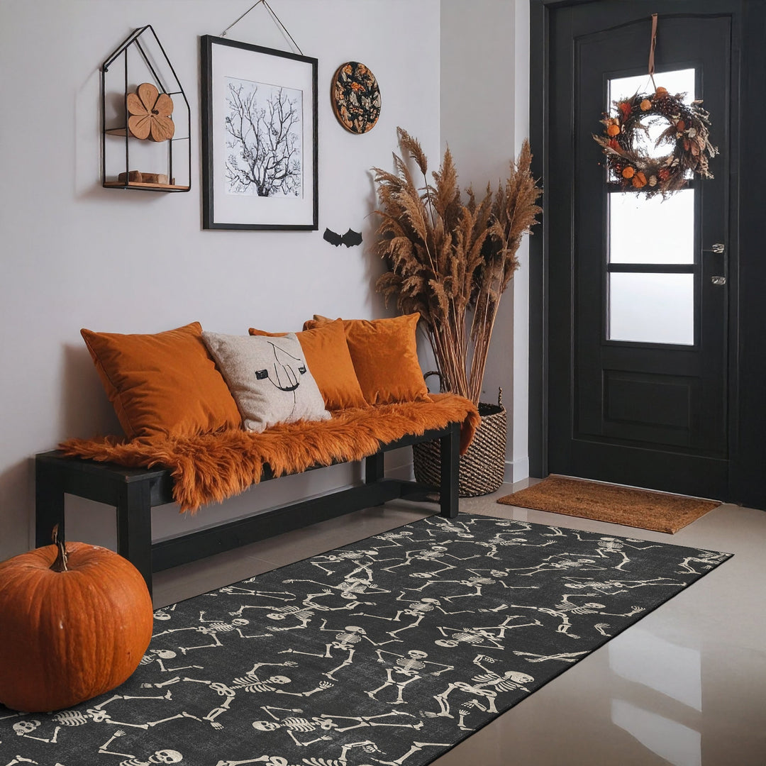 Halloween Skeleton Design Black And Beige Cotton Machine Washable Rug - The Rug Decor