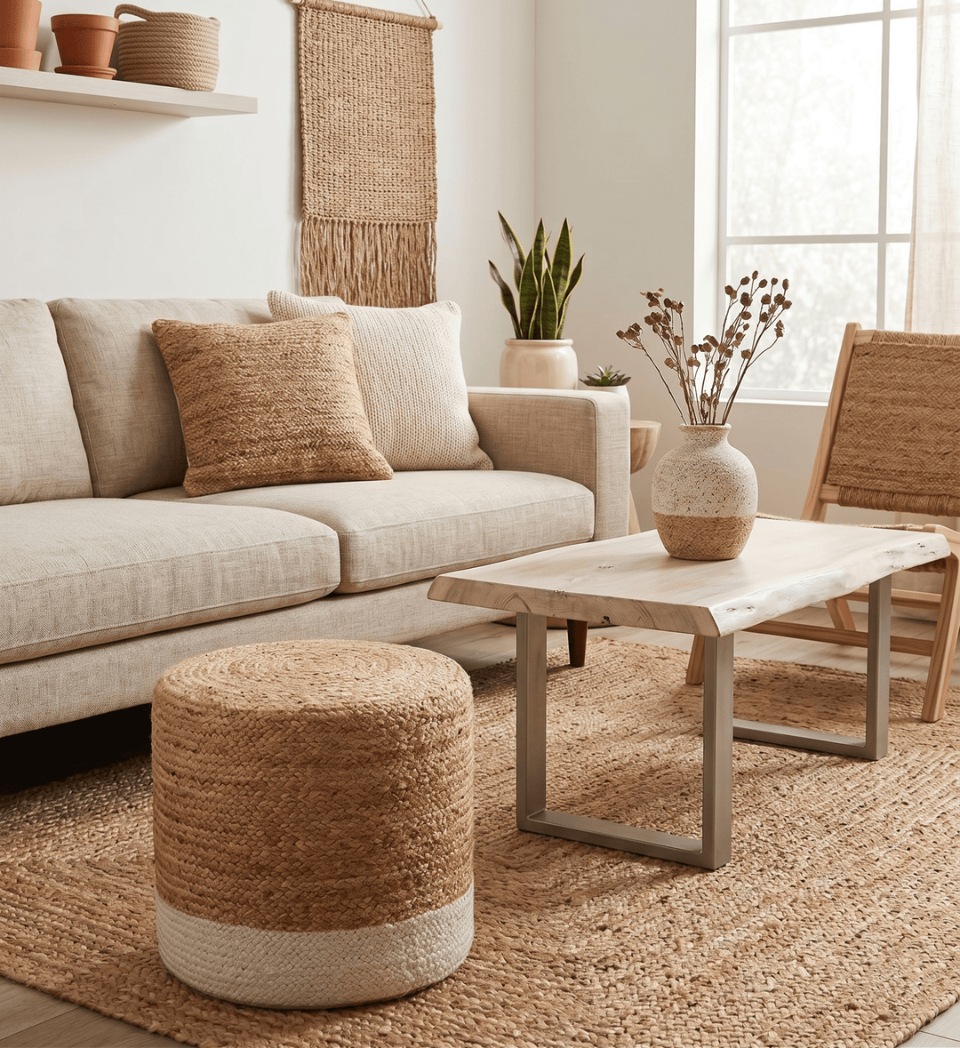 Hand Braided Gold and White Jute Round Pouf - The Rug Decor