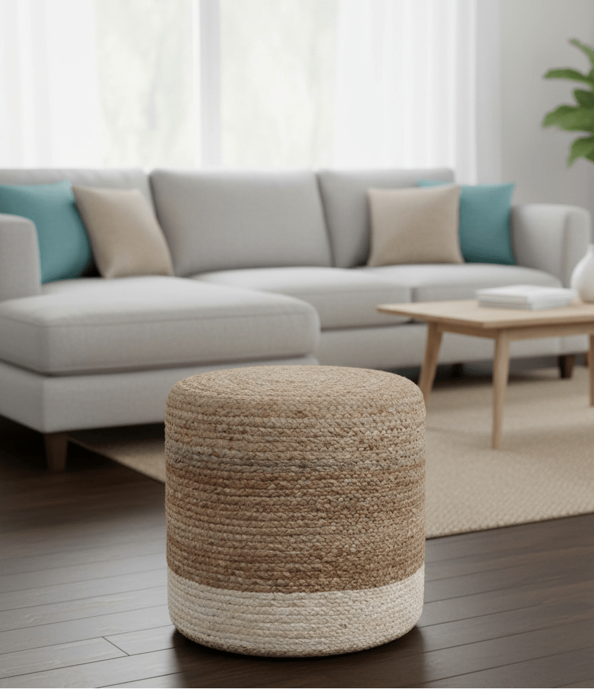 Hand Braided Natural Brown and White Jute Round Pouf - The Rug Decor