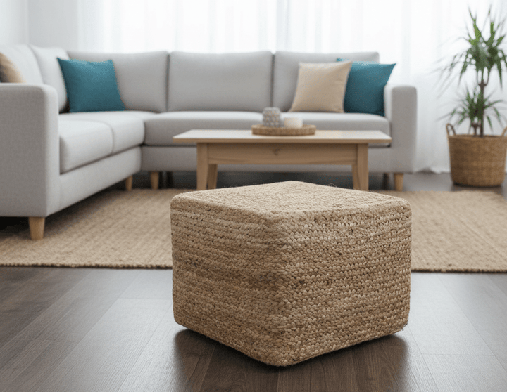 Hand Braided Natural Brown Jute Square Pouf - The Rug Decor