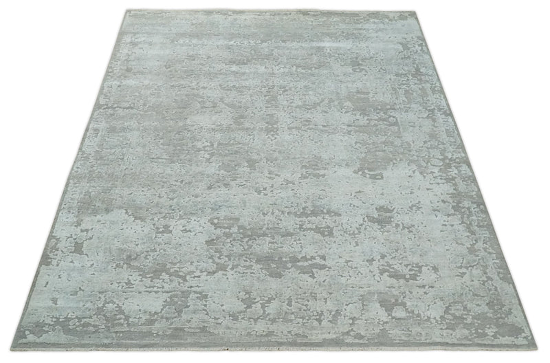 Hand Carved Texture Modern abstract Silver and Gray Hand Knotted 8x10 wool and Art Silk Area Rug - The Rug Decor