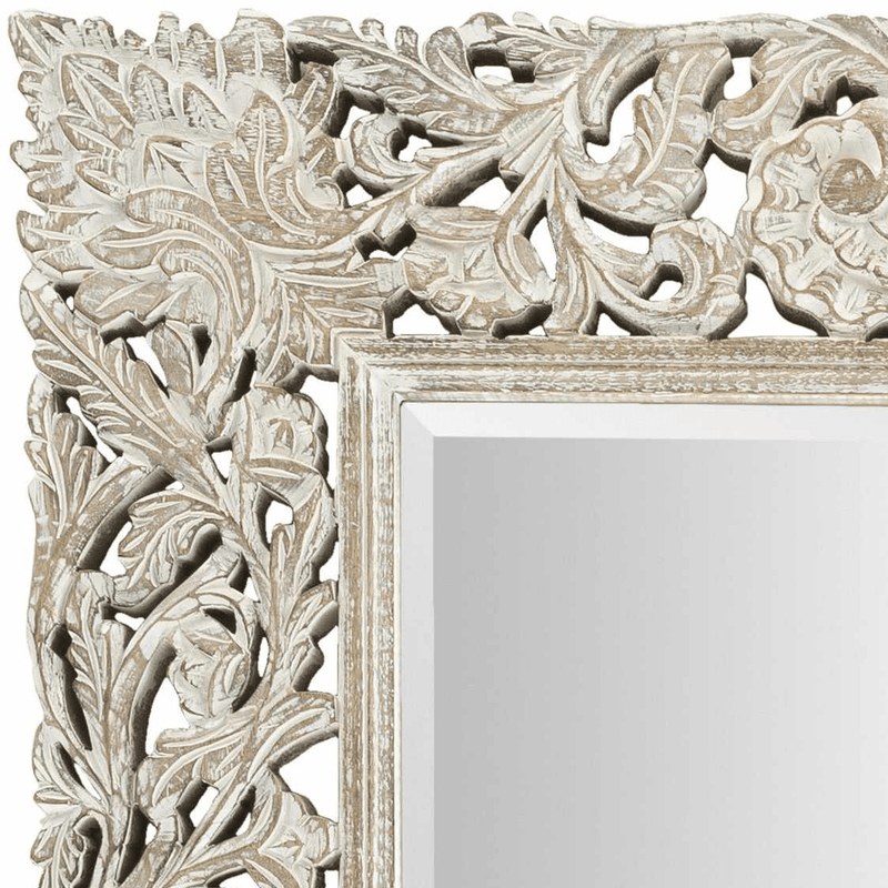 Hand Crafted 30"x42" Carved Design Beige Wood Wall Mirror, Perfect for home decor - The Rug Decor