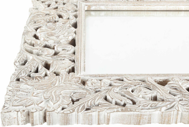 Hand Crafted 30"x42" Carved Design Beige Wood Wall Mirror, Perfect for home decor - The Rug Decor