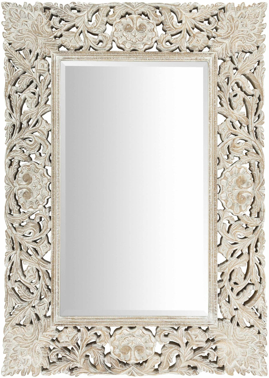 Hand Crafted 30"x42" Carved Design Beige Wood Wall Mirror, Perfect for home decor - The Rug Decor