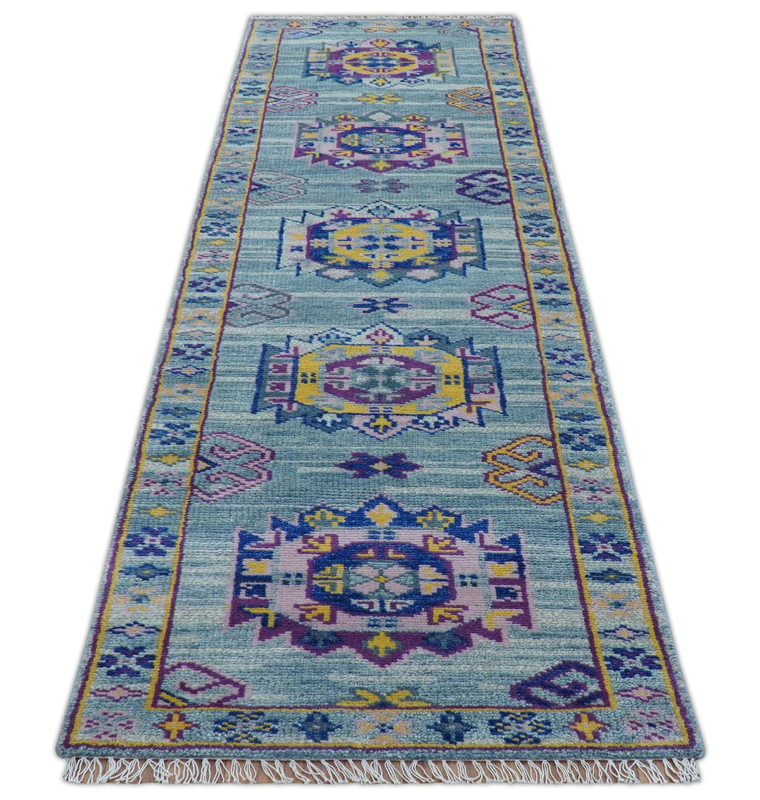 Hand knotted 2.6x10 Purple and Blue transitional geometrical Design Wool Area Rug - The Rug Decor