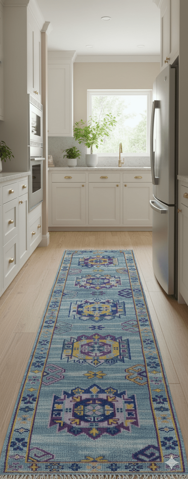 Hand knotted 2.6x10 Purple and Blue transitional geometrical Design Wool Area Rug - The Rug Decor
