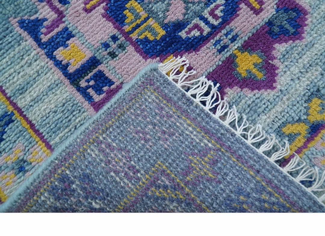 Hand knotted 2.6x10 Purple and Blue transitional geometrical Design Wool Area Rug - The Rug Decor