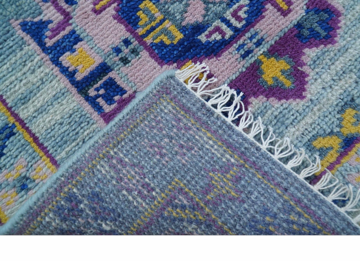 Hand knotted 2.6x10 Purple and Blue transitional geometrical Design Wool Area Rug - The Rug Decor