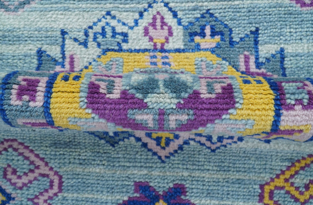 Hand knotted 2.6x10 Purple and Blue transitional geometrical Design Wool Area Rug - The Rug Decor