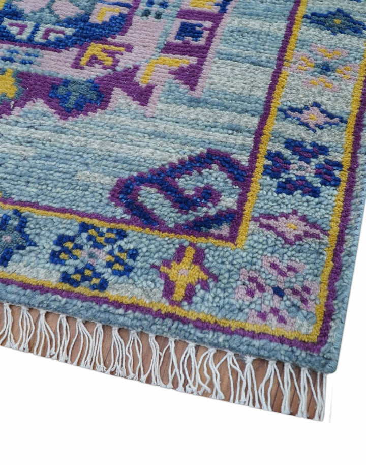 Hand knotted 2.6x10 Purple and Blue transitional geometrical Design Wool Area Rug - The Rug Decor