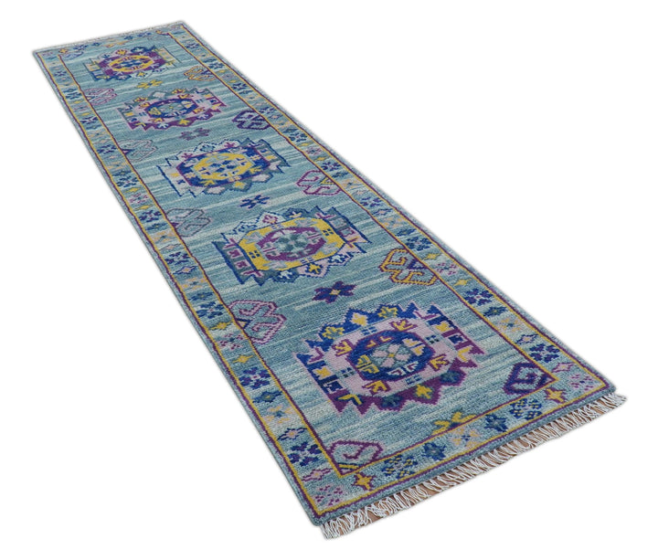 Hand knotted 2.6x10 Purple and Blue transitional geometrical Design Wool Area Rug - The Rug Decor