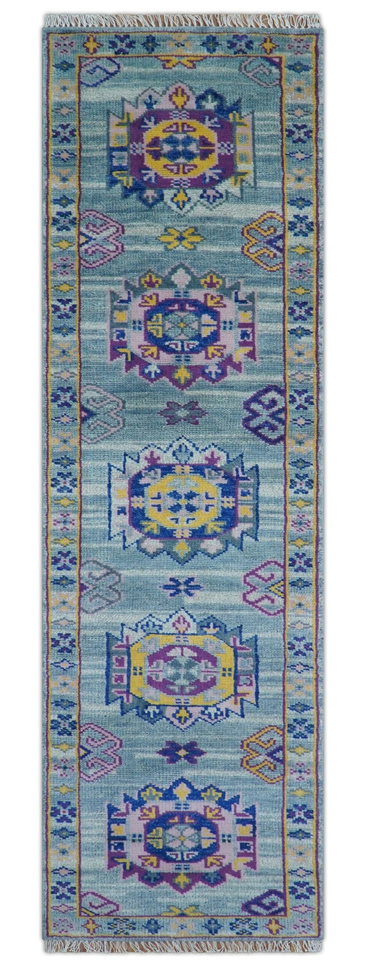 Hand knotted 2.6x10 Purple and Blue transitional geometrical Design Wool Area Rug - The Rug Decor