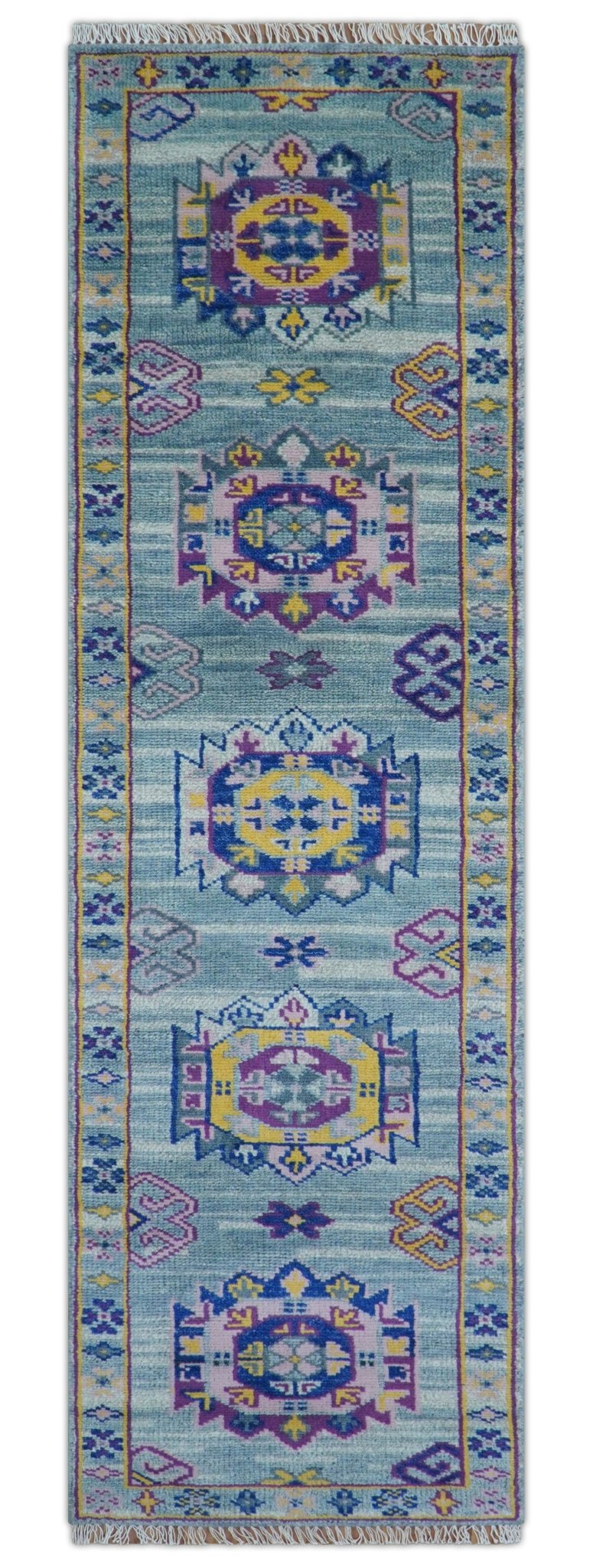 Hand knotted 2.6x10 Purple and Blue transitional geometrical Design Wool Area Rug - The Rug Decor
